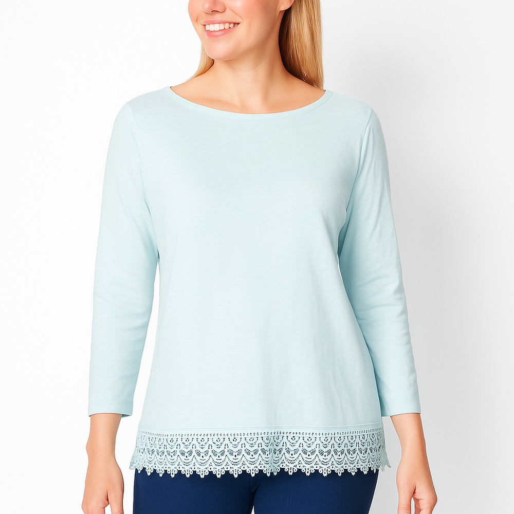 Talbots Top Womens Large Light Blue Long Sleeve Lace Hem Relaxed Fit Casual